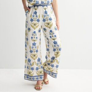 Draper James NWT Printed Linen Blend Wide Leg Pants Blue Yellow White L